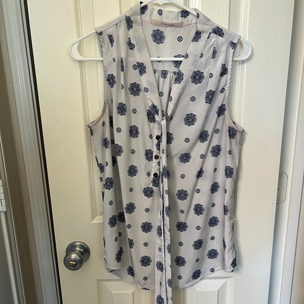 41 Hawthorne Tie Front White and Blue Blouse